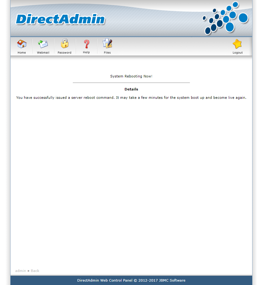 راه اندازی مجدد (Reboot کردن) (Restart کردن) سرور (Server)، در کنترل پنل DirectAdmin (با دسترسی admin)