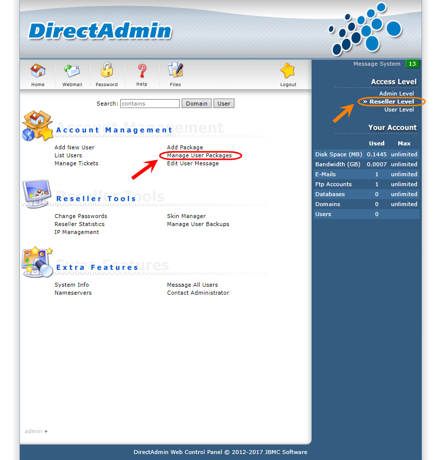 ساخت یک Package جدید، در کنترل پنل DirectAdmin (با دسترسی admin)