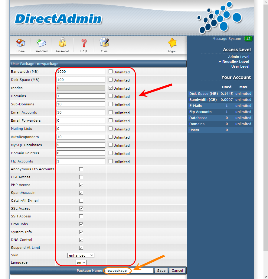 ساخت یک Package جدید، در کنترل پنل DirectAdmin (با دسترسی admin)