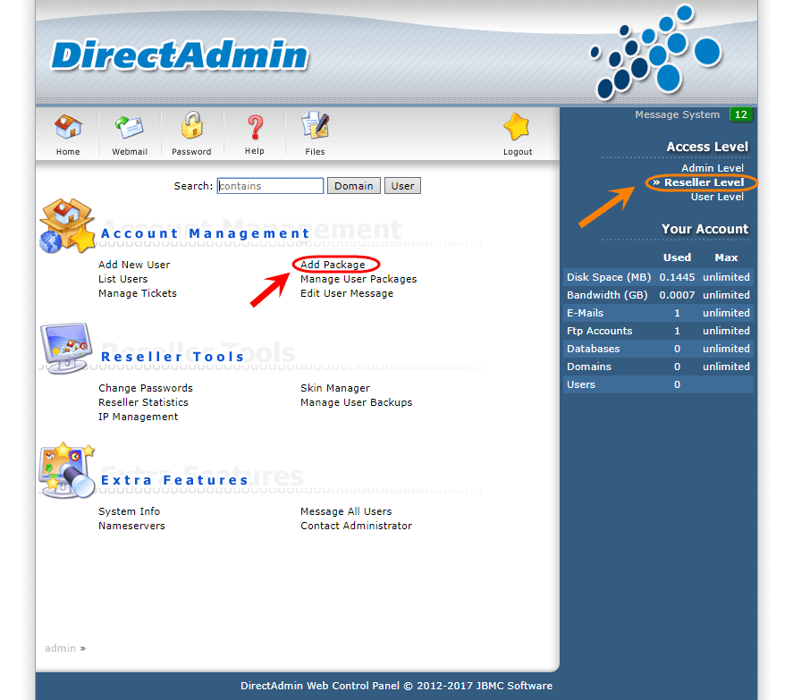 ساخت یک Package جدید، در کنترل پنل DirectAdmin (با دسترسی admin)