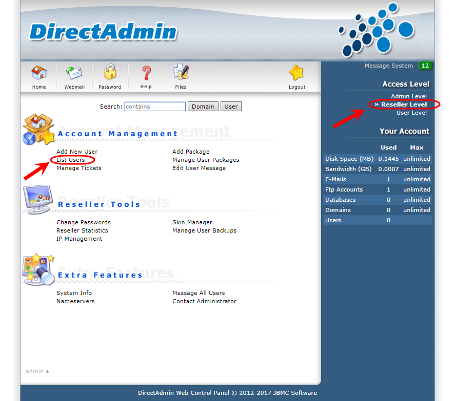 ساخت یک کاربر (User) جدید، در کنترل پنل DirectAdmin (با دسترسی admin)