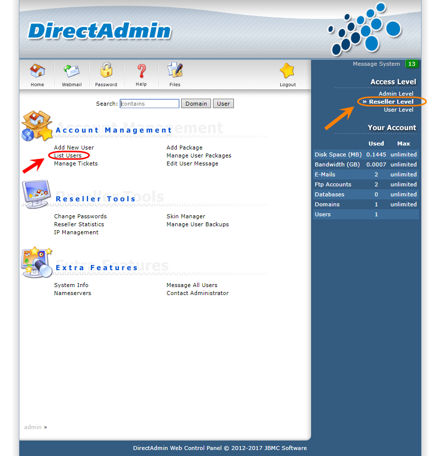 ساخت یک کاربر (User) جدید، در کنترل پنل DirectAdmin (با دسترسی admin)