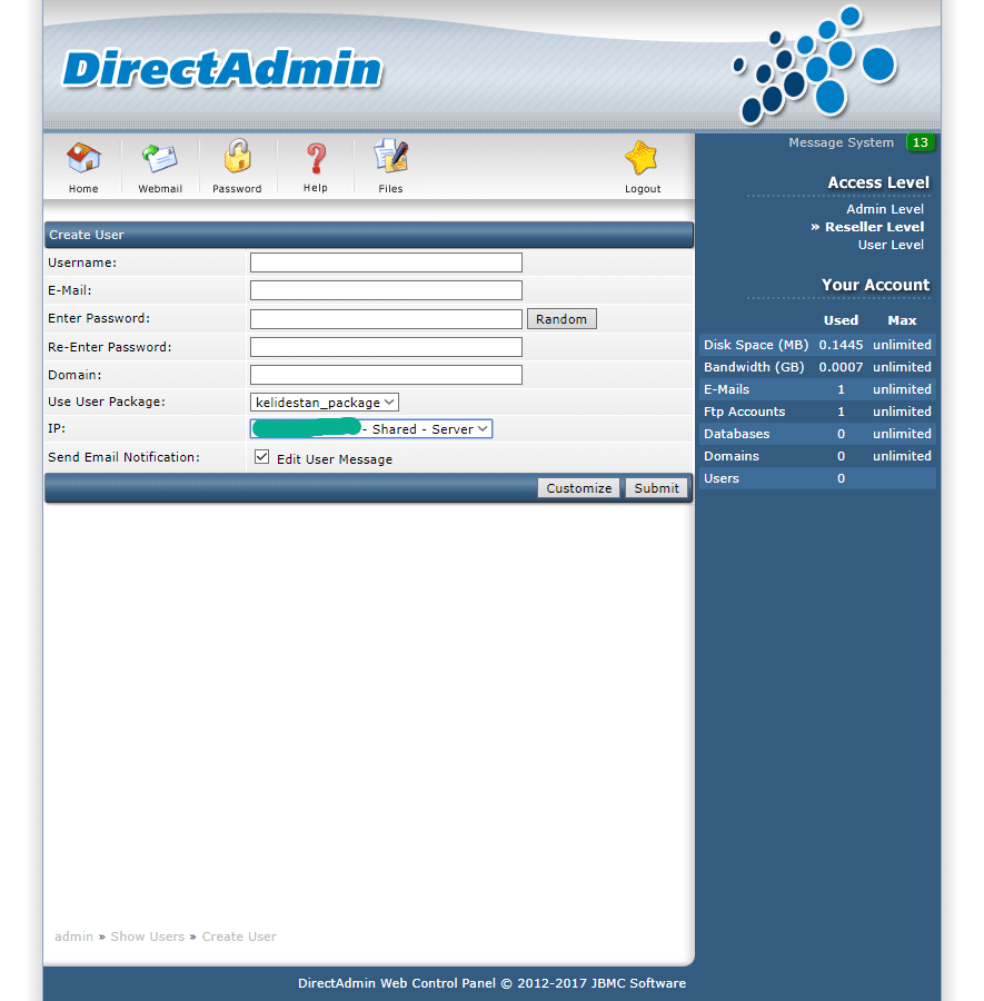 ساخت یک کاربر (User) جدید، در کنترل پنل DirectAdmin (با دسترسی admin)