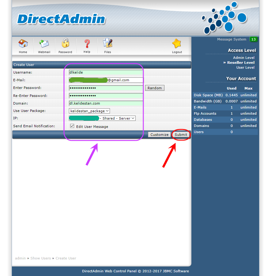ساخت یک کاربر (User) جدید، در کنترل پنل DirectAdmin (با دسترسی admin)