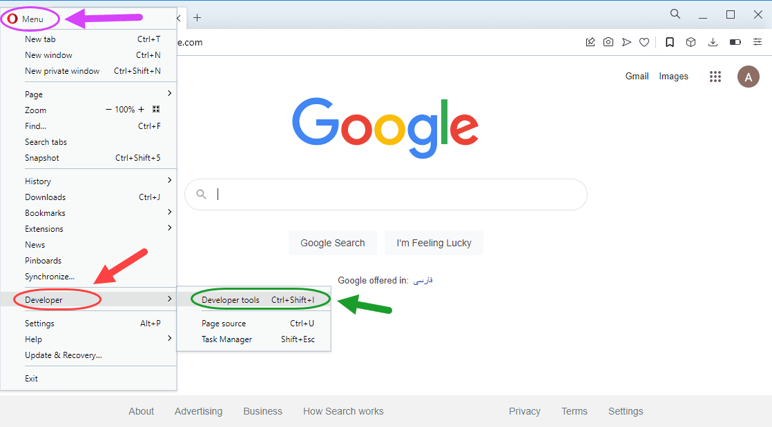 باز کردن کنسول (Console)، در مرورگر اینترنت Opera ، در JavaScript
