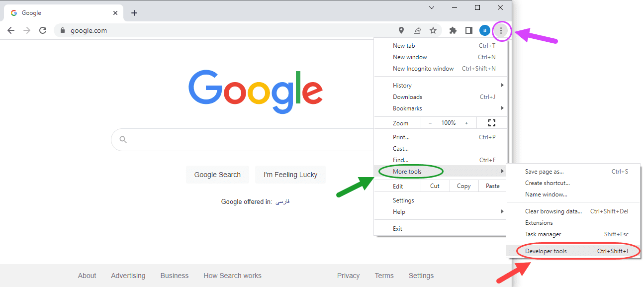باز کردن کنسول (Console)، در مرورگر اینترنت Google Chrome ، در JavaScript