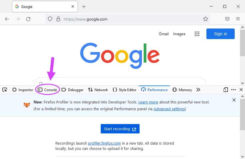 باز کردن کنسول (Console)، در مرورگر اینترنت Firefox ، در JavaScript