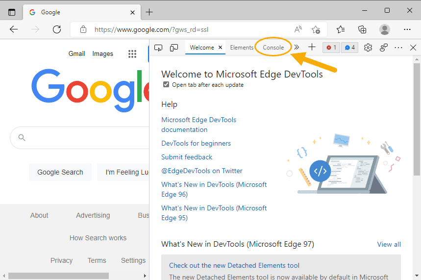 باز کردن کنسول (Console)، در مرورگر اینترنت Microsoft Edge ، در JavaScript