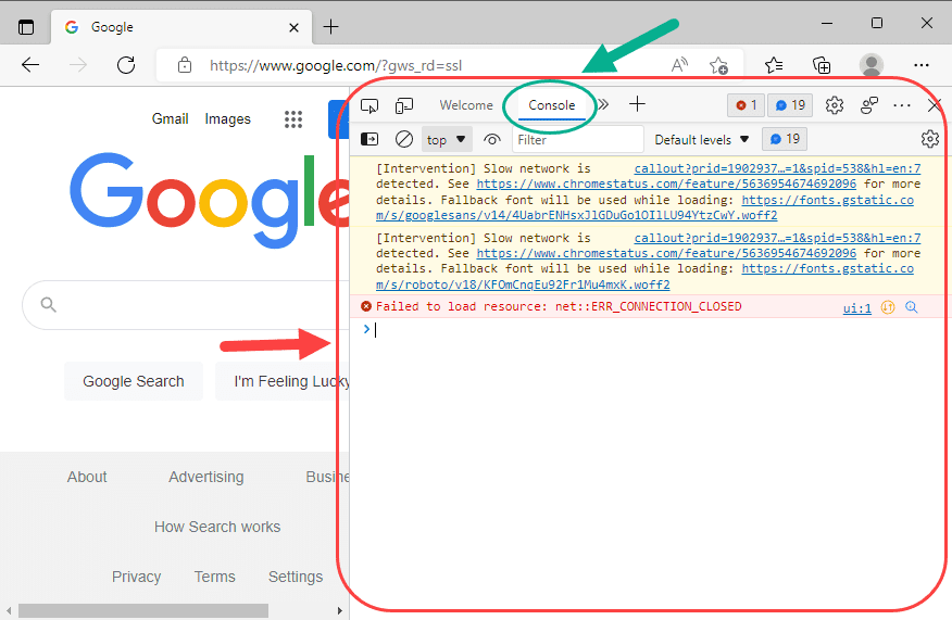 باز کردن کنسول (Console)، در مرورگر اینترنت Microsoft Edge ، در JavaScript