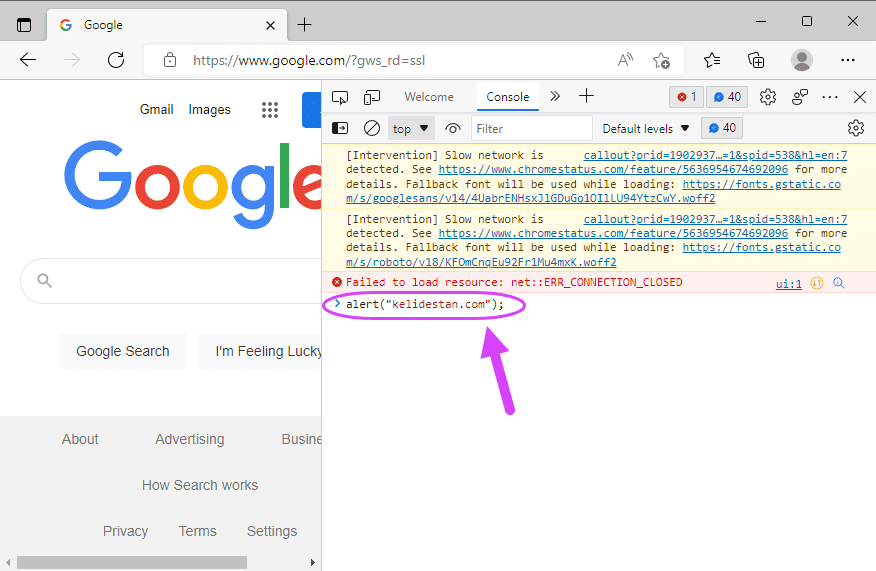 باز کردن کنسول (Console)، در مرورگر اینترنت Microsoft Edge ، در JavaScript
