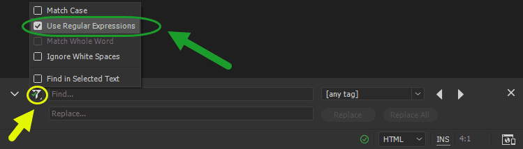 حذف کردن همه خط های خالی، با استفاده از جستجو و جایگزینی (find and replace) و عبارات قاعده مند (Regular Expressions)، در Adobe Dreamweaver (نسخه CC 2018)