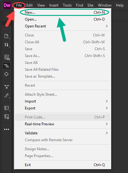 ساخت یک فایل (File) جدید، در Adobe Dreamweaver (نسخه 2021)