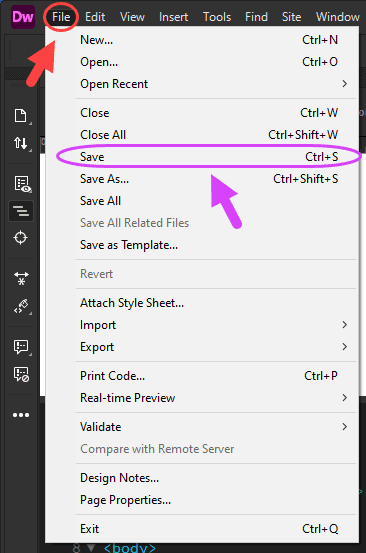 ذخیره (Save) کردن یک فایل (File)، در Adobe Dreamweaver (نسخه 2021)