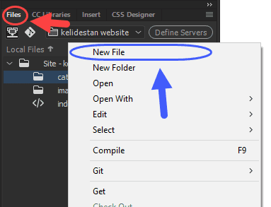 ساخت یک فایل (File) جدید، با کلیک سمت راست و گزینه New File ، در پنجره Files ، در Adobe Dreamweaver (نسخه 2021)