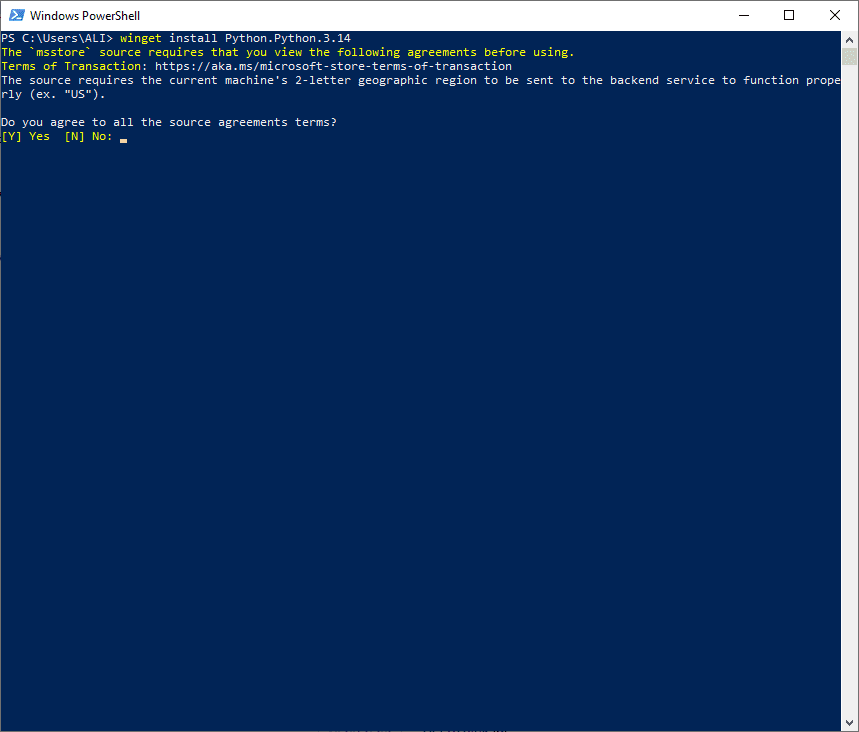 نصب یک نسخه پایتون (Python)، با دستور winget ، با عبارت مشابه winget install Python.Python.3.14 ، در خط فرمان ویندوز، در پایتون (Python)