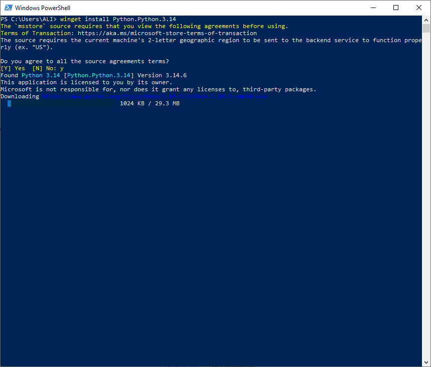 نصب یک نسخه پایتون (Python)، با دستور winget ، با عبارت مشابه winget install Python.Python.3.14 ، در خط فرمان ویندوز، در پایتون (Python)