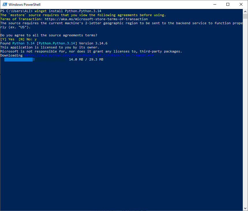 نصب یک نسخه پایتون (Python)، با دستور winget ، با عبارت مشابه winget install Python.Python.3.14 ، در خط فرمان ویندوز، در پایتون (Python)
