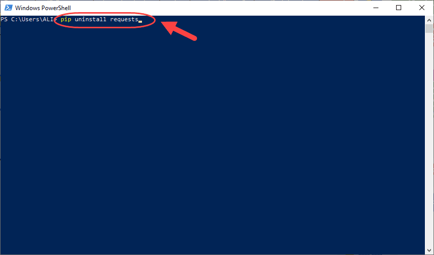 حذف یک کتابخانه (پکیج) پایتون (Python)، با دستور pip ، با عبارت مشابه pip uninstall requests ، در خط فرمان ویندوز، در پایتون (Python)