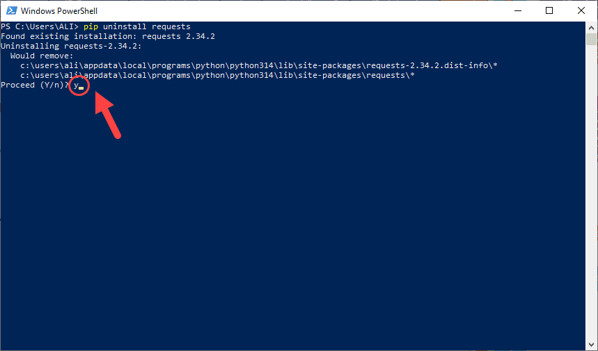 حذف یک کتابخانه (پکیج) پایتون (Python)، با دستور pip ، با عبارت مشابه pip uninstall requests ، در خط فرمان ویندوز، در پایتون (Python)