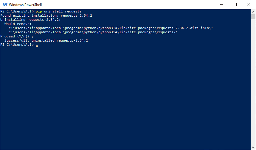 حذف یک کتابخانه (پکیج) پایتون (Python)، با دستور pip ، با عبارت مشابه pip uninstall requests ، در خط فرمان ویندوز، در پایتون (Python)