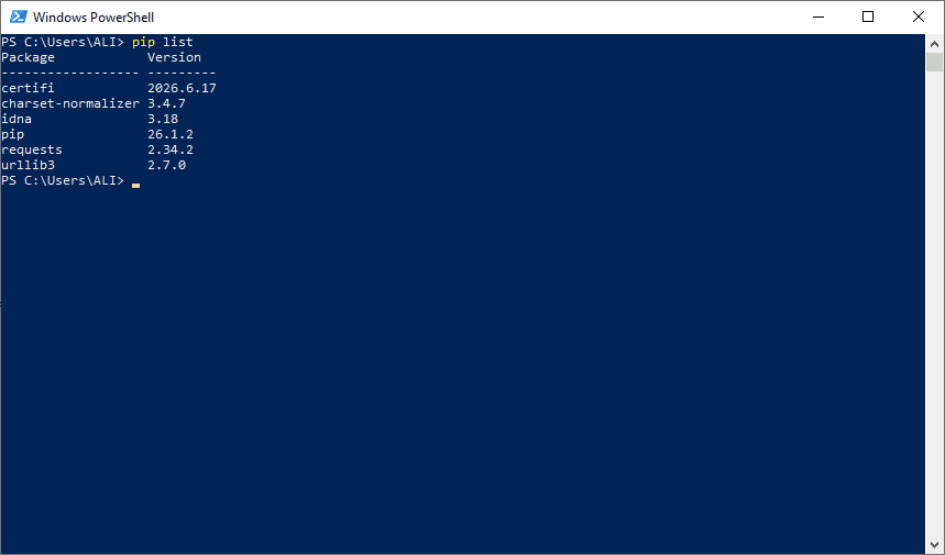 نمایش فهرست کتابخانه های (پکیج های) پایتون (Python) نصب شده، با دستور pip ، با عبارت pip list ، در خط فرمان ویندوز، در پایتون (Python)