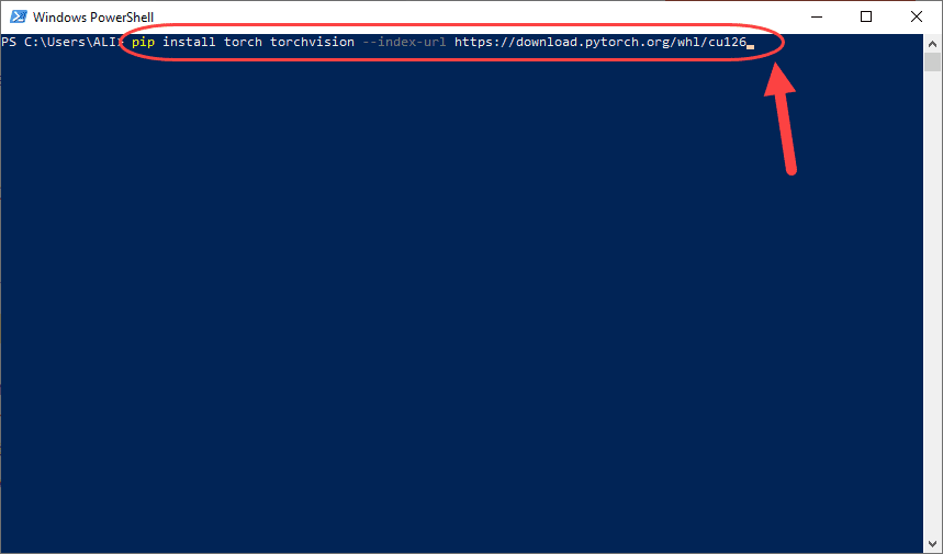 نصب کتابخانه PyTorch ، با دستور pip ، در خط فرمان ویندوز، در پایتون (Python)