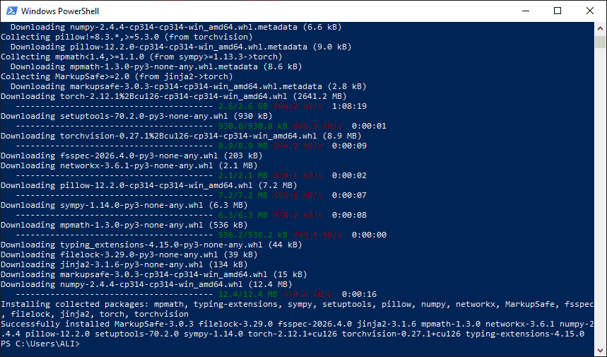نصب کتابخانه PyTorch ، با دستور pip ، در خط فرمان ویندوز، در پایتون (Python)