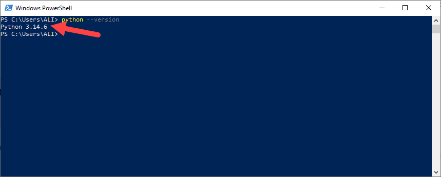 بررسی نصب بودن پایتون (Python) و مشاهده نسخه آن، با دستور python --version ، در خط فرمان ویندوز، در پایتون (Python)