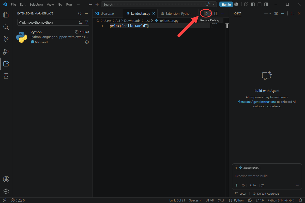 اجرای کد پایتون (Python)، در Visual Studio Code
