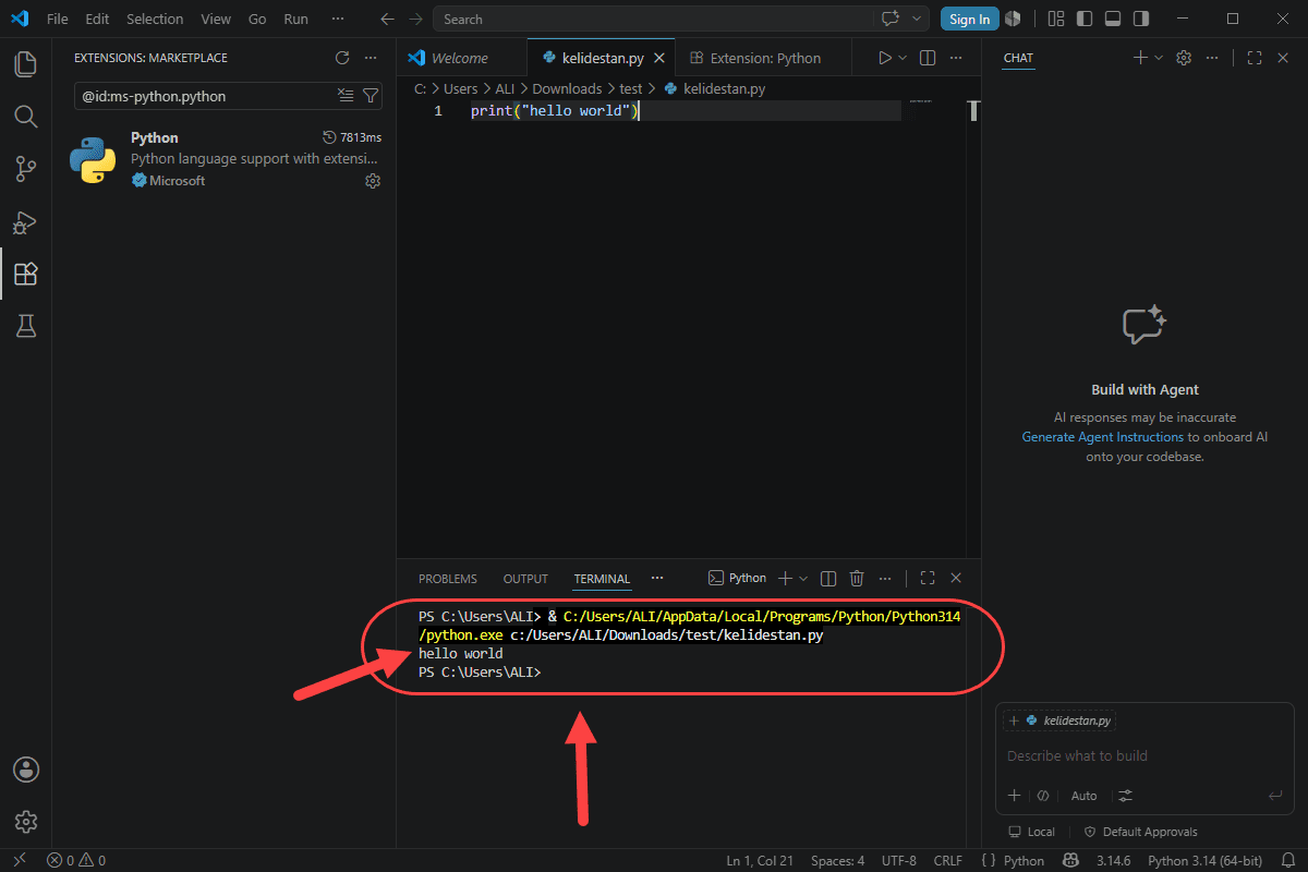 اجرای کد پایتون (Python)، در Visual Studio Code