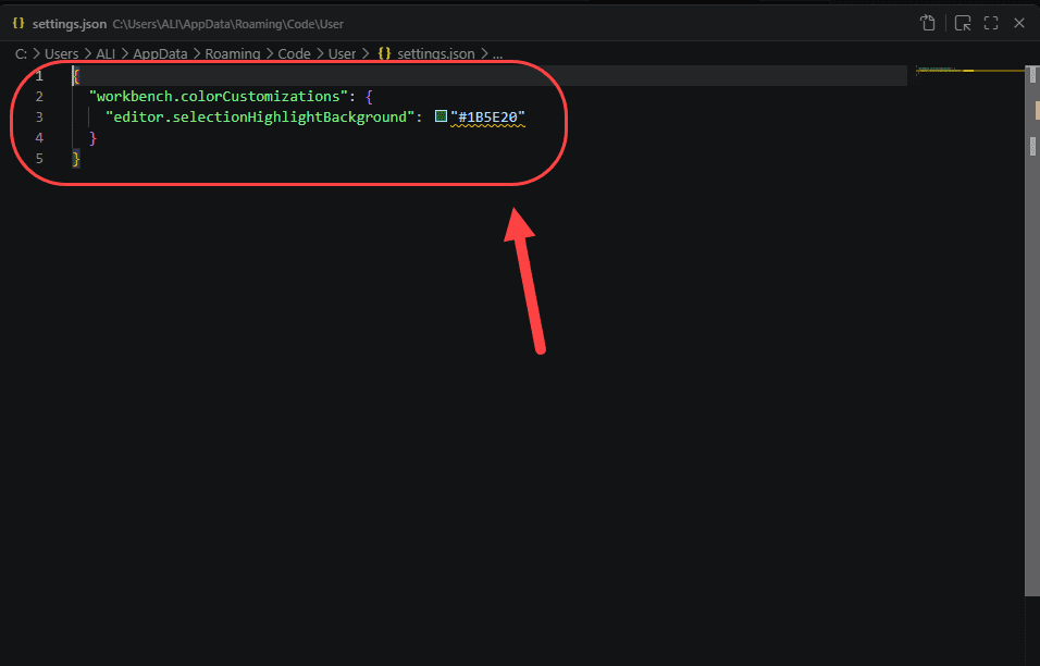 تغییر رنگ پس زمینه‌ عبارات تکراری (رنگ هایلایت کپی ها)، با تغییر کدهای فایل settings.json ، در Visual Studio Code