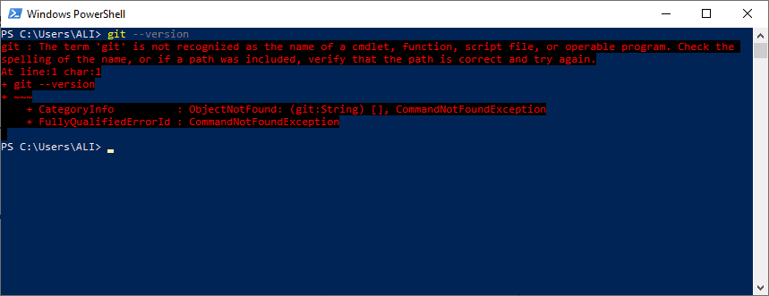 بررسی نصب بودن Git و مشاهده نسخه آن، با دستور git --version ، در خط فرمان ویندوز، در Git