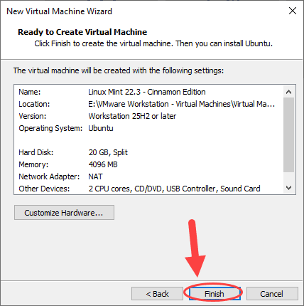 ساخت یک ماشین مجازی (Virtual Machine) و نصب لینوکس (نسخه Linux Mint 22.3 - Cinnamon Edition) بر روی آن، در نرم افزار VMware Workstation
