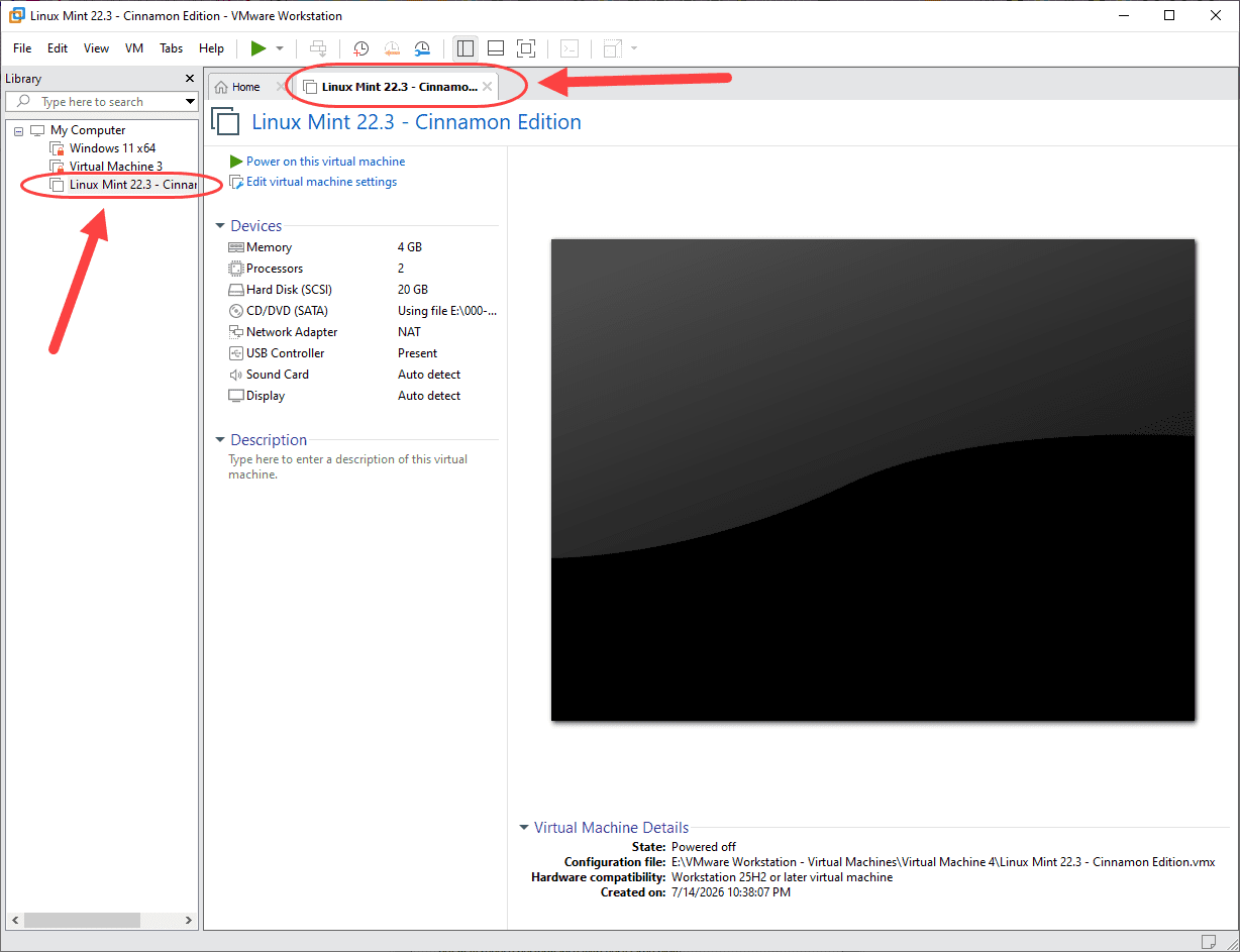 ساخت یک ماشین مجازی (Virtual Machine) و نصب لینوکس (نسخه Linux Mint 22.3 - Cinnamon Edition) بر روی آن، در نرم افزار VMware Workstation