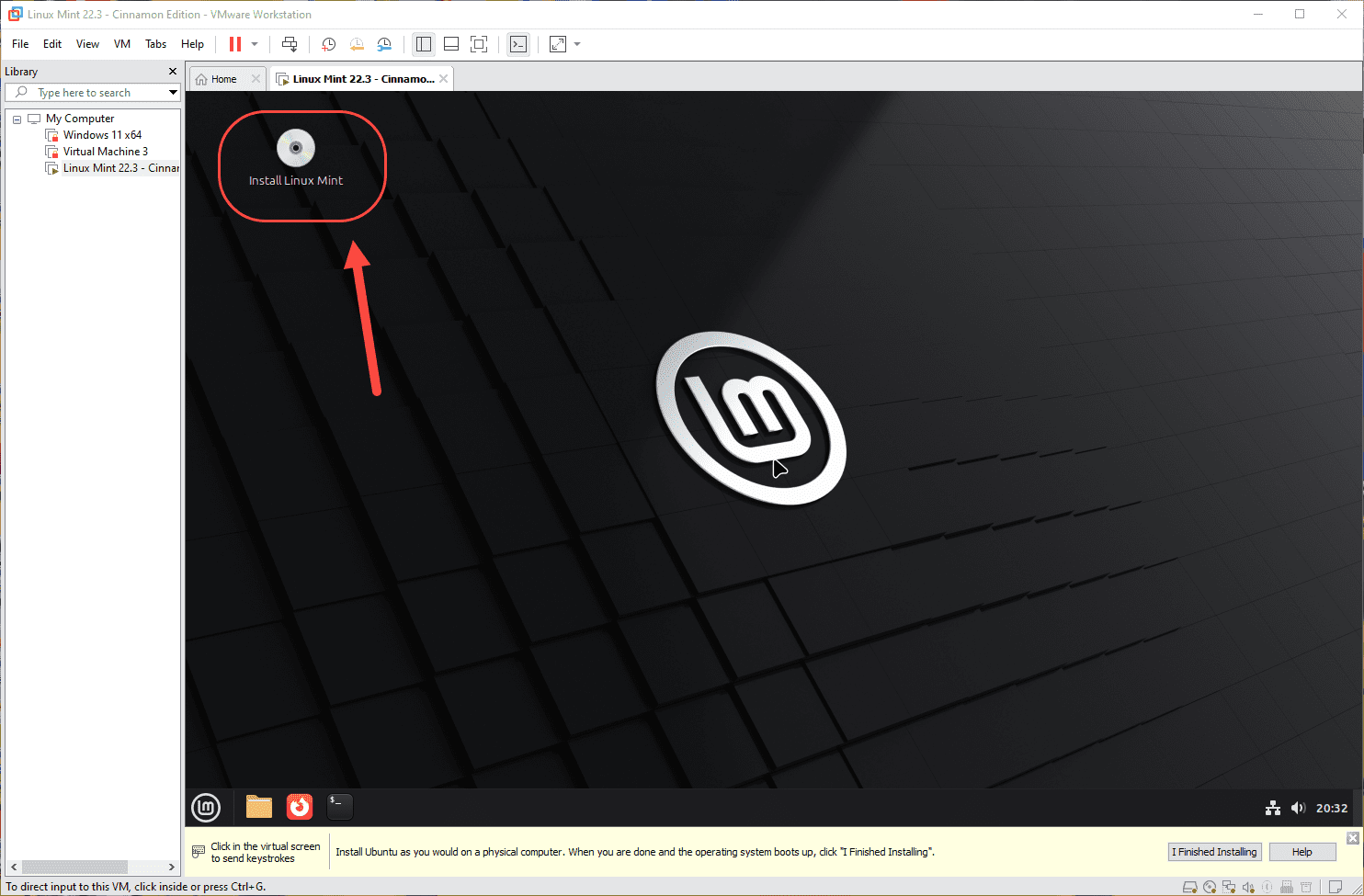 ساخت یک ماشین مجازی (Virtual Machine) و نصب لینوکس (نسخه Linux Mint 22.3 - Cinnamon Edition) بر روی آن، در نرم افزار VMware Workstation