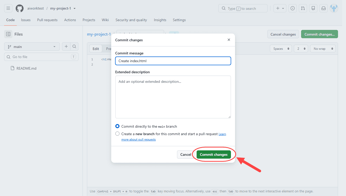 ساخت یک فایل جدید در مخزن (Repository) درون GitHub و ایجاد یک کامیت (Commit)، در وب سایت github.com ، در GitHub