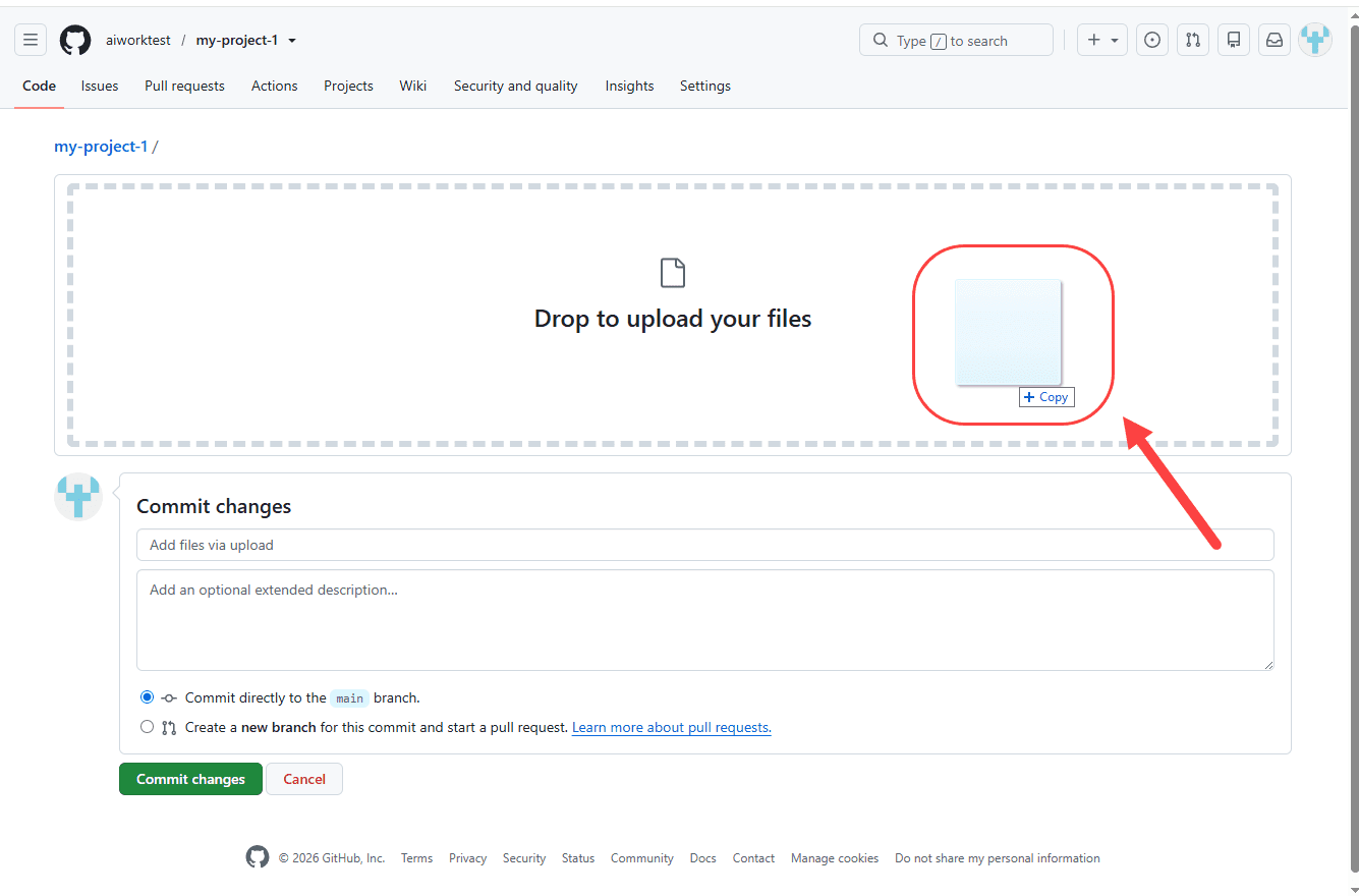 آپلود (Upload) یک فایل در مخزن (Repository) درون GitHub و ایجاد یک کامیت (Commit)، در وب سایت github.com ، در GitHub