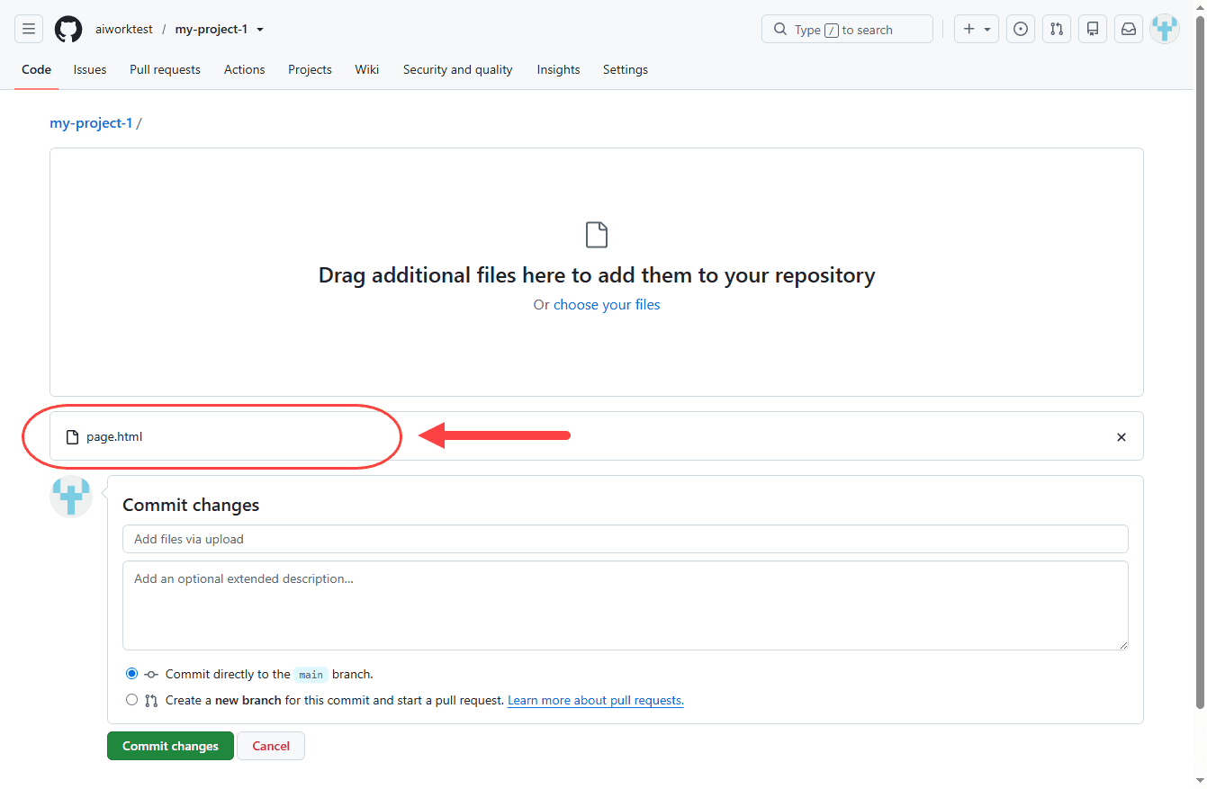 آپلود (Upload) یک فایل در مخزن (Repository) درون GitHub و ایجاد یک کامیت (Commit)، در وب سایت github.com ، در GitHub