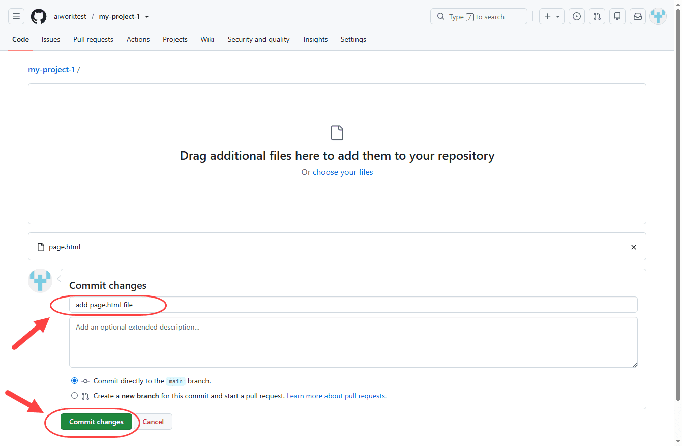 آپلود (Upload) یک فایل در مخزن (Repository) درون GitHub و ایجاد یک کامیت (Commit)، در وب سایت github.com ، در GitHub